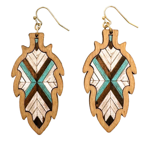 Feather Turquoise Brown Wooden Earrings