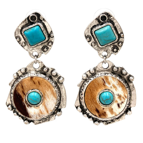 Western Style Turquoise Stone Brown Cow Print Hook Dangle Earrings