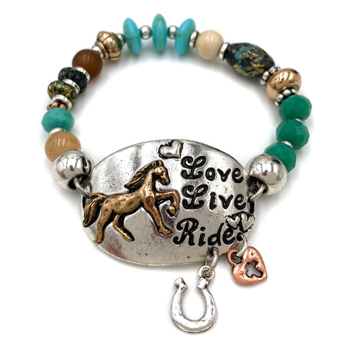 Live Love Ride Horse Turquoise Beads Stretch Bracelet