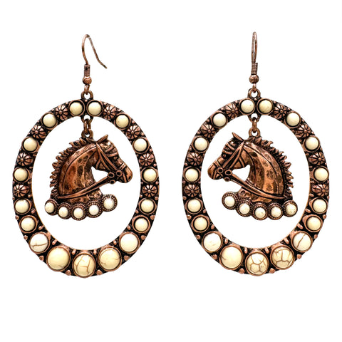 Horse Charm Turquoise Western Large Oval Earrings