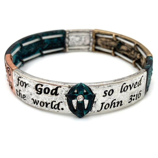 John 3:16 Cross Patina Tricolor Stretch Bracelet