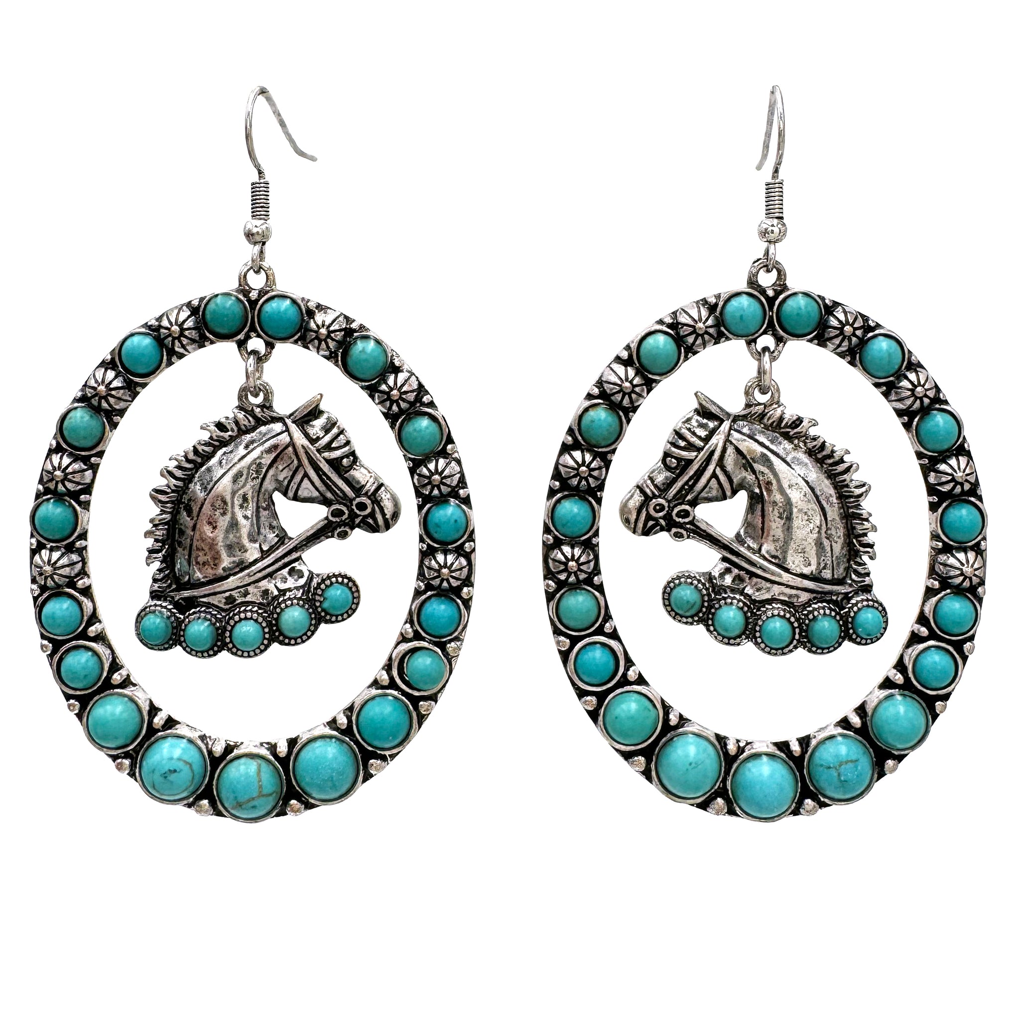 Horse Charm Turquoise Western Large Oval Earrings