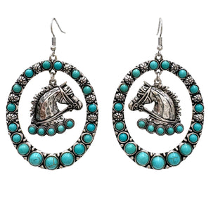 Horse Charm Turquoise Western Large Oval Earrings