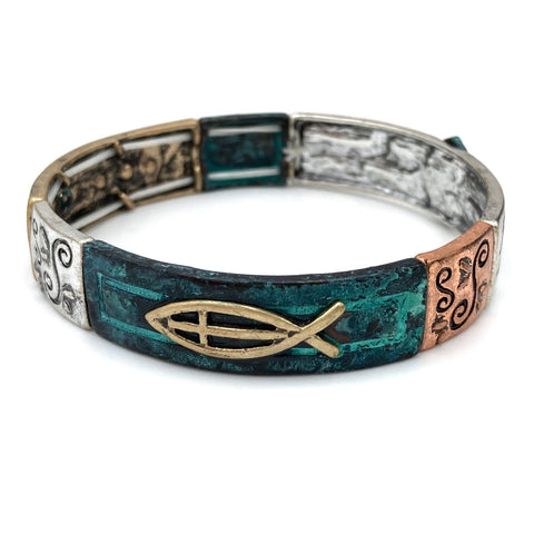 John 3:16 Cross Patina Tricolor Stretch Bracelet