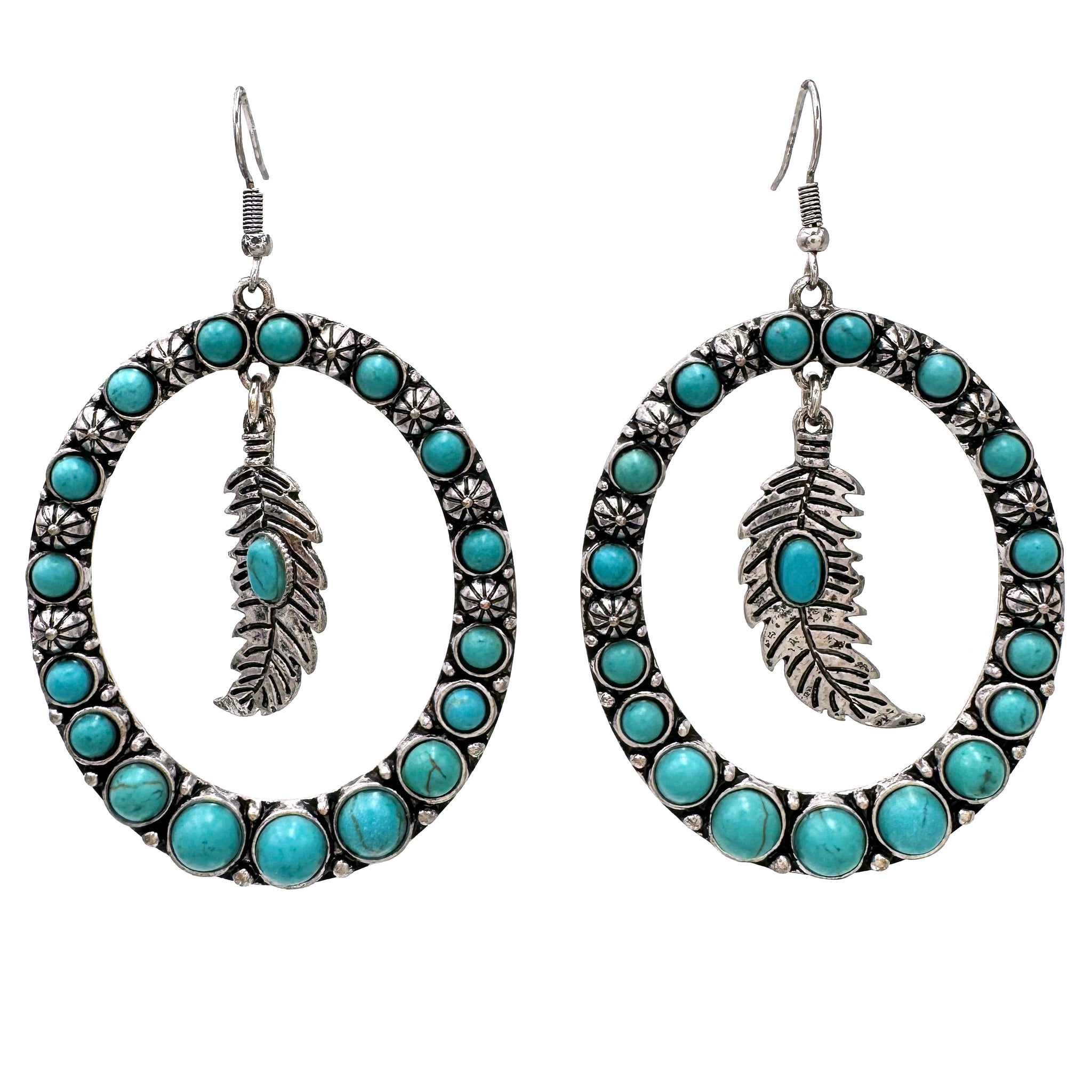 Feather Charm Turquoise Western Large Oval Earrings