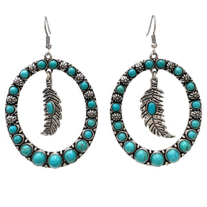 Feather Charm Turquoise Western Large Oval Earrings