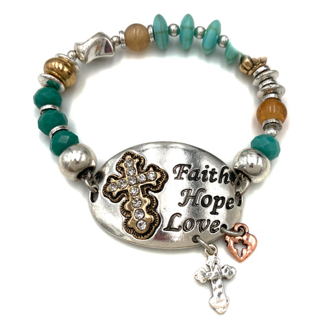 Faith Hope Love Cross Turquoise Beads Stretch Bracelet