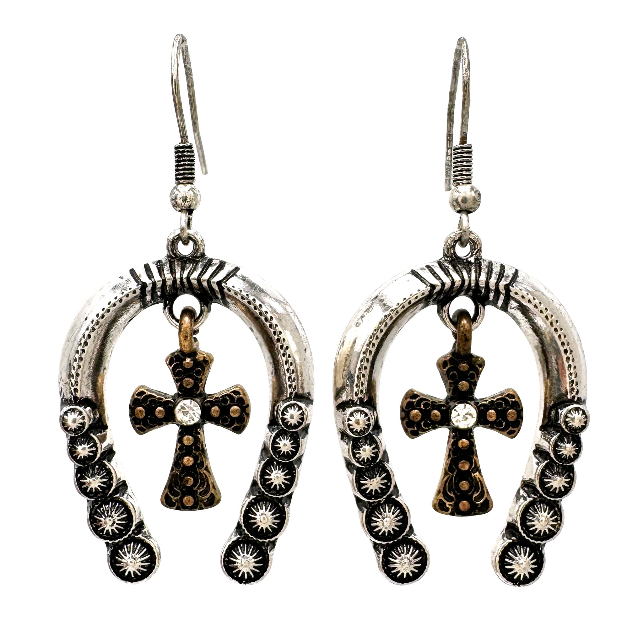 Gold Cross in Silver Horseshoe Earrings