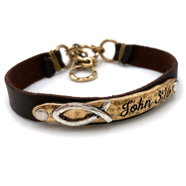 John 3:16 Ichthys Leather Wrap Bracelet