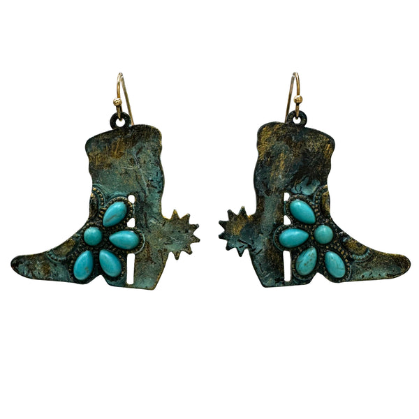 Metal Plate Cowboy Boots with Turquoise Earrings