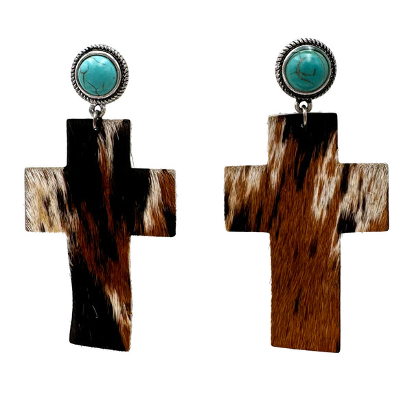 Cross Shape Leather Cowhide with Turquoise Earrings