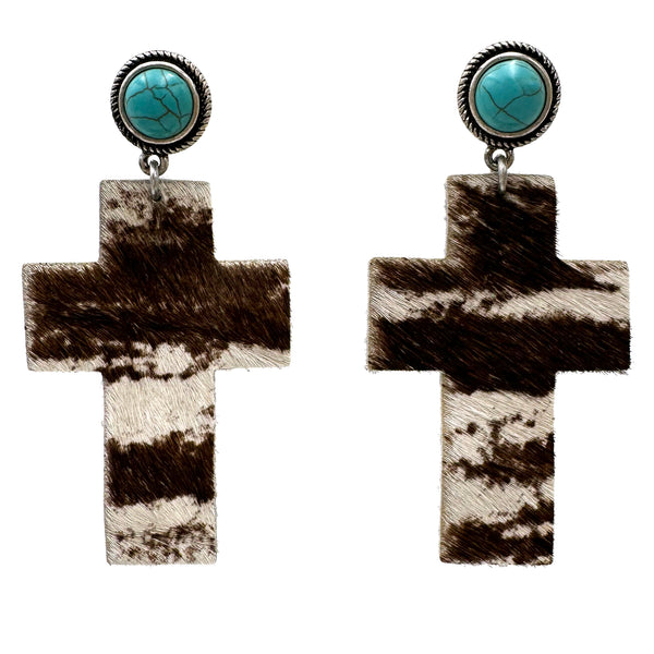 Cross Shape Leather Cowhide with Turquoise Earrings