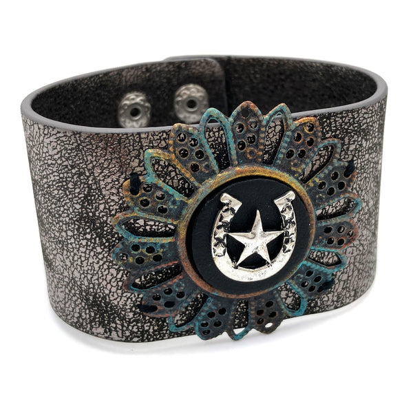 Western Star Horseshoe Rustic Flower Wide Leather Wrap Bracelet