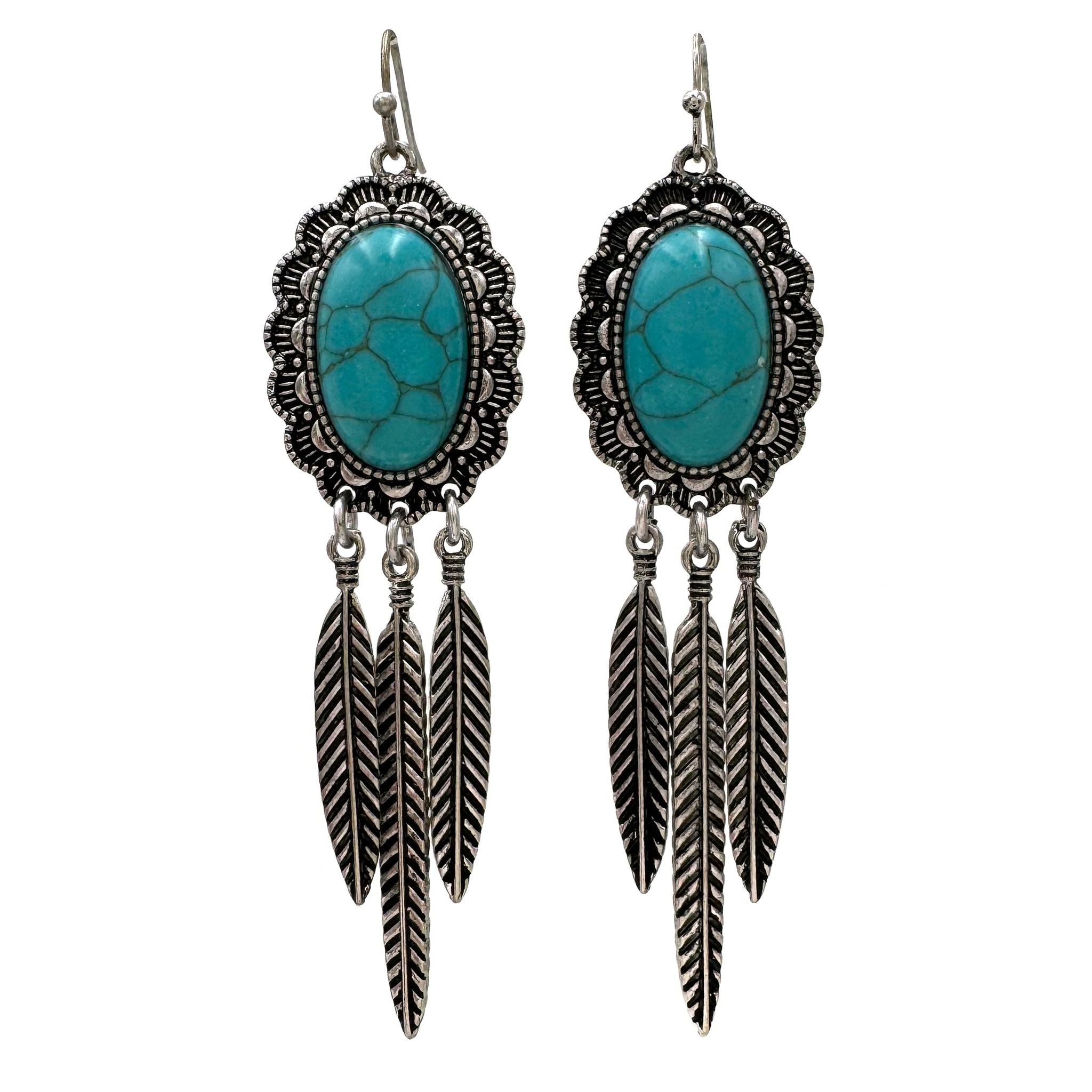 Turquoise Stone with Dangling Feather Earrings