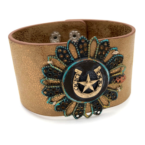 Western Star Horseshoe Rustic Flower Wide Leather Wrap Bracelet