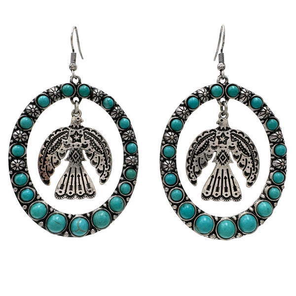 Thunderbird Charm Turquoise Western Large Oval Earrings