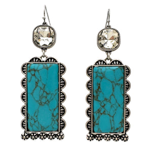 Rectangle Turquoise Stone Diamond Rhinestone Earrings