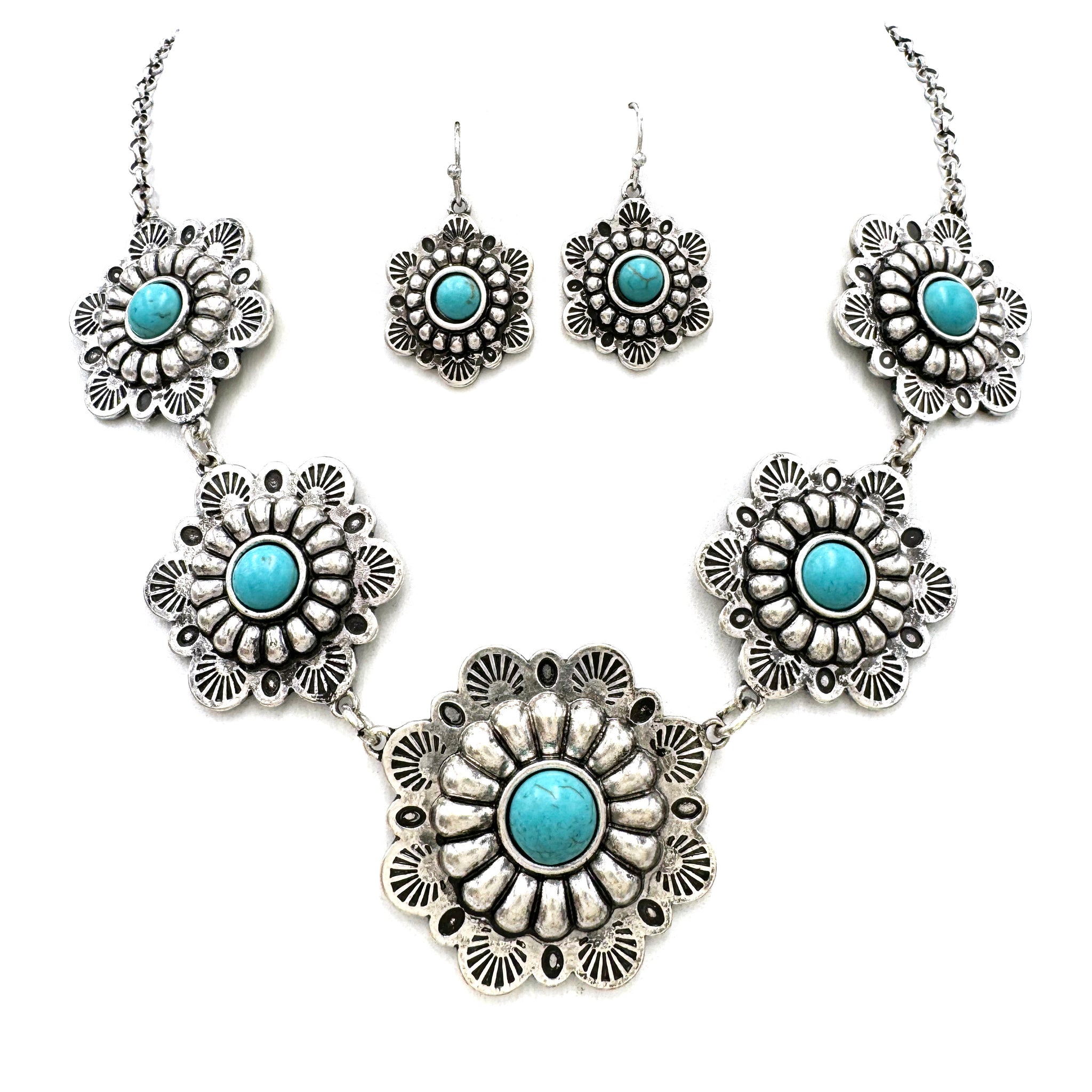 Western Flower with Turquoise Necklace Earrings Set