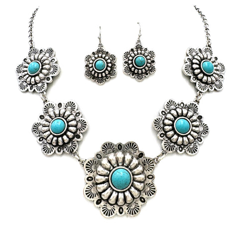 Western Flower with Turquoise Necklace Earrings Set