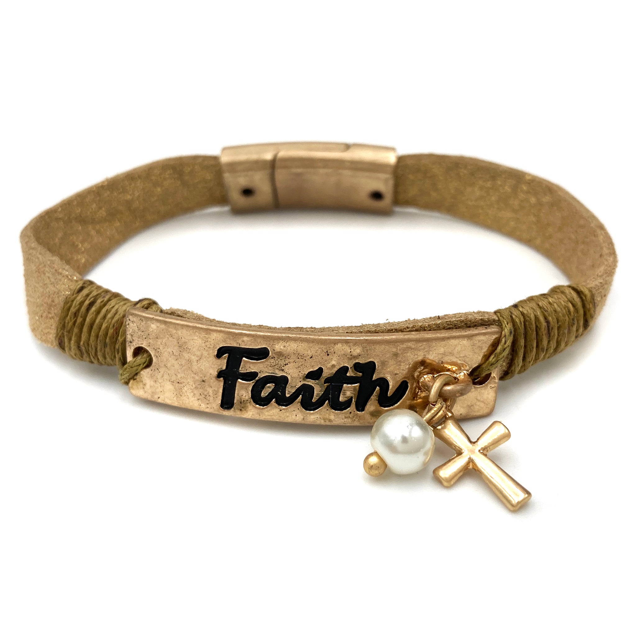 Faith Cross Gold Pu Leather Wrap Bracelet