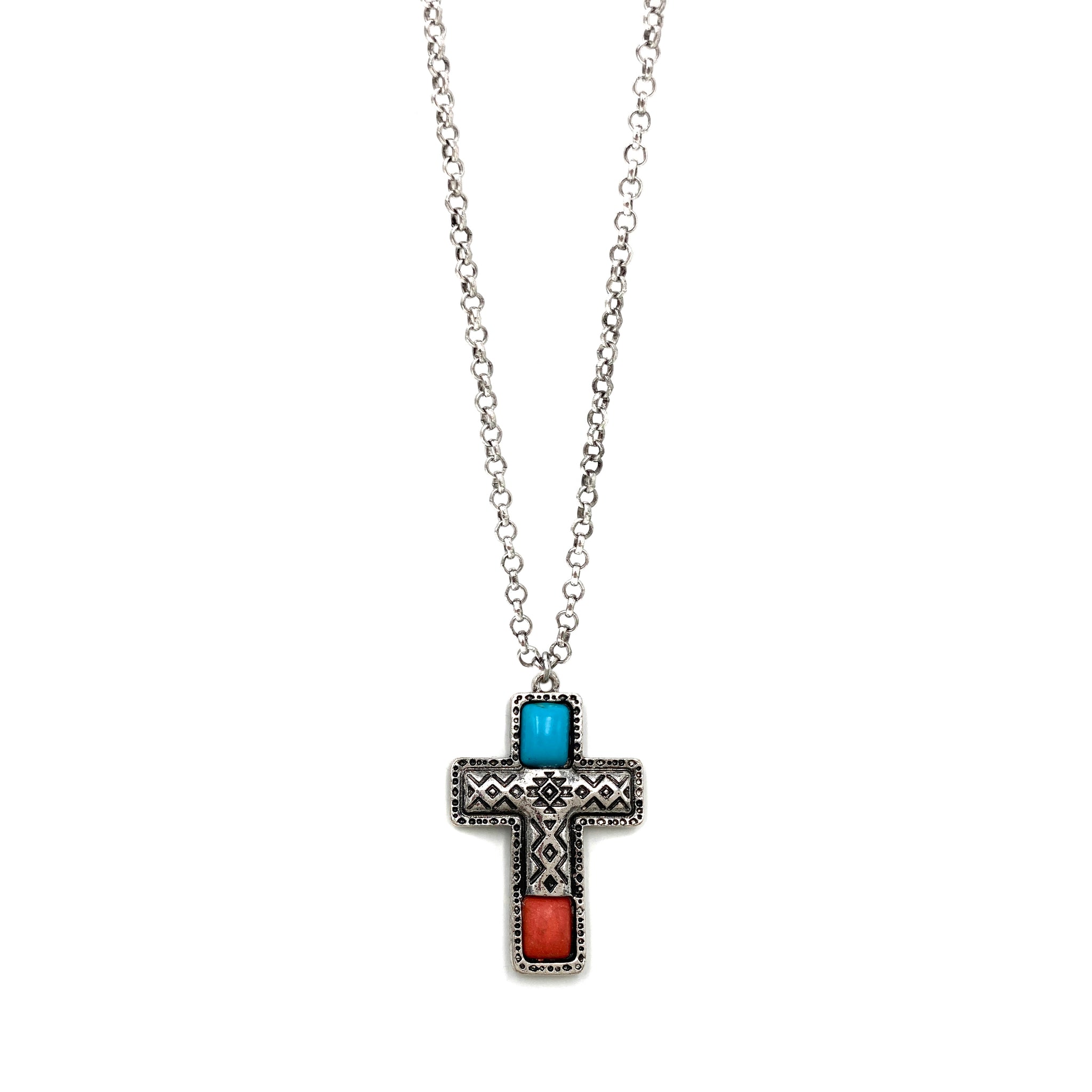 Cross Turquoise Orange Native Aztec Pattern Necklace