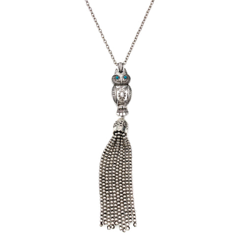 Owl Pendant Steel Bead Tassel Necklace