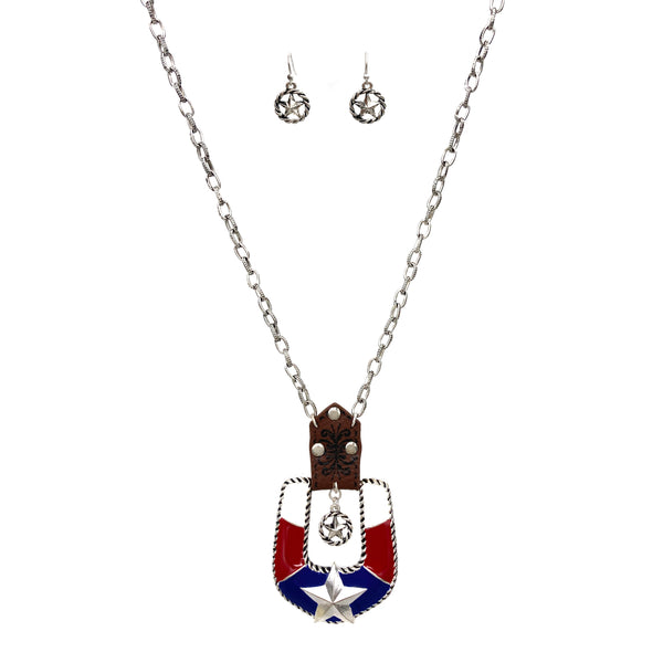 Texas Star Flag Horseshoe Pendant Necklace Earrings Set