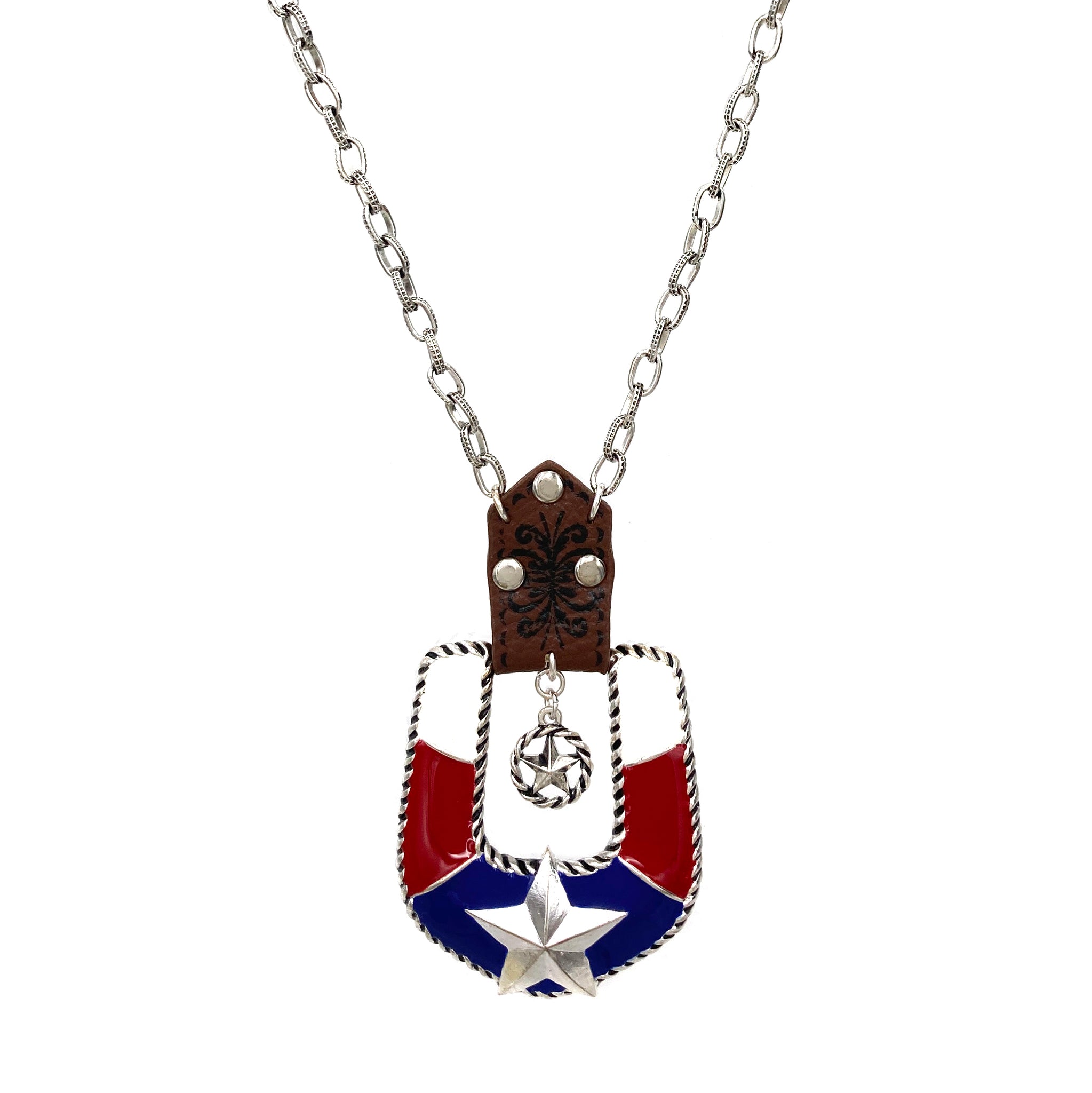 Texas Star Flag Horseshoe Pendant Necklace Earrings Set