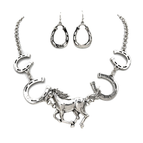 Horse and Horseshoe Silver Chain Necklace Earrings Set