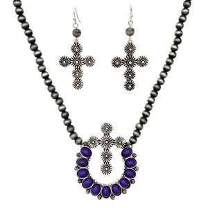 Flower Cross Purple Cabochon Navajo Necklace Earrings Set