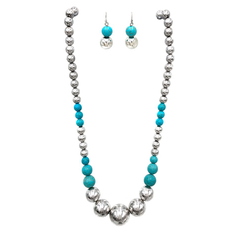 Turquoise and Silver Beads Necklace Earrings Set