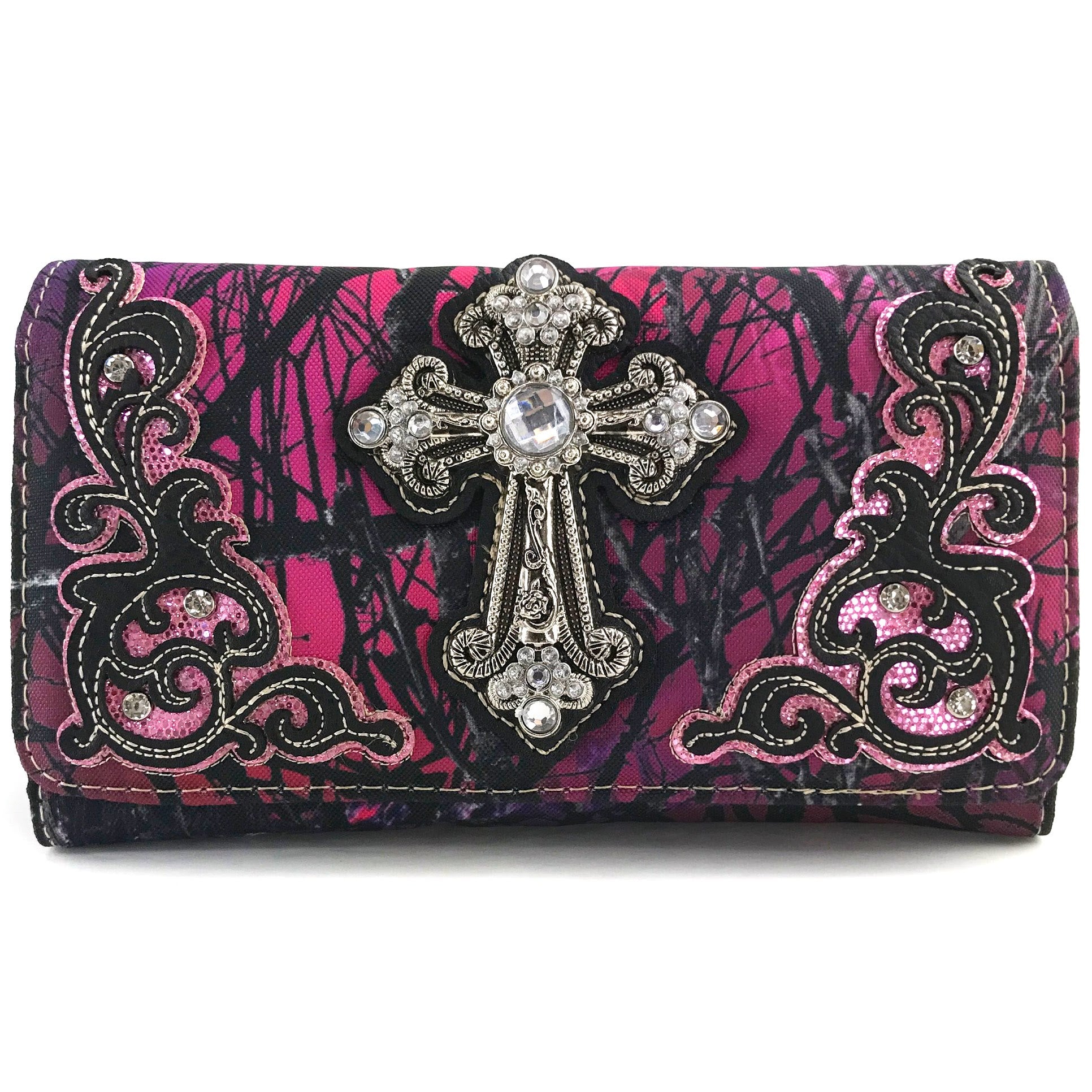 Rhinestone Cross Tree Camouflage Women's Crossbody Wallet