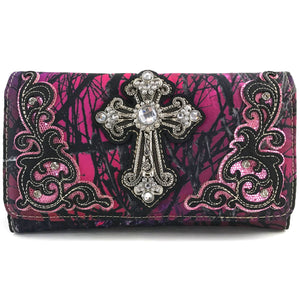 Rhinestone Cross Tree Camouflage Women's Crossbody Wallet