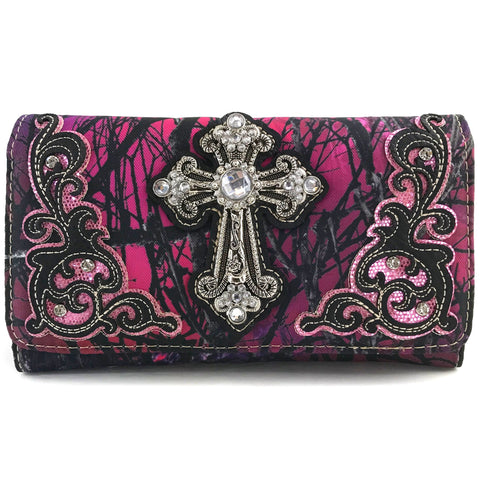 Rhinestone Cross Tree Camouflage Women's Crossbody Wallet