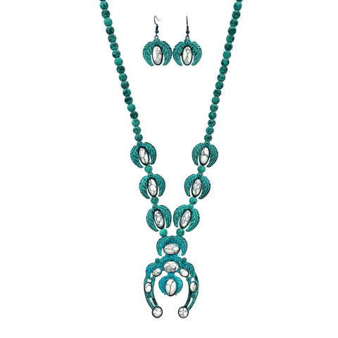 Turquoise Patina Squash Blossom Necklace Earrings Set