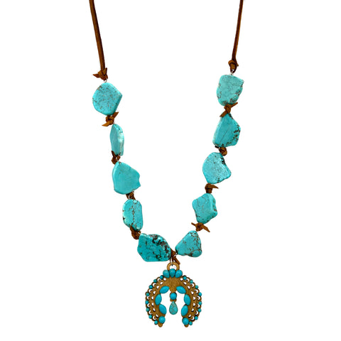 Wood Squash Blossom Turquoise Stone Suede Necklace