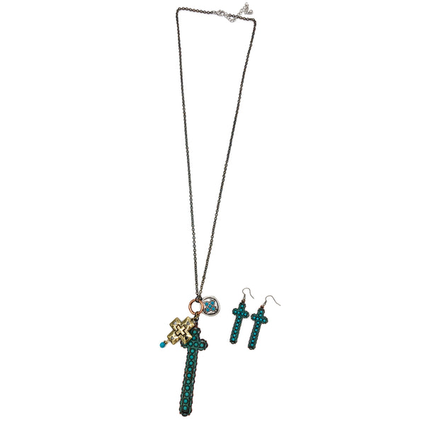 Cross Turquoise Patina 33" Long Necklace Earrings Set