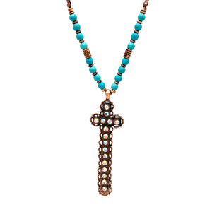 Rhinestone Cross Turquoise Copper 33" Long Necklace