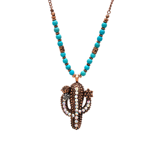 Rhinestone Cactus Turquoise Copper 33" Long Necklace