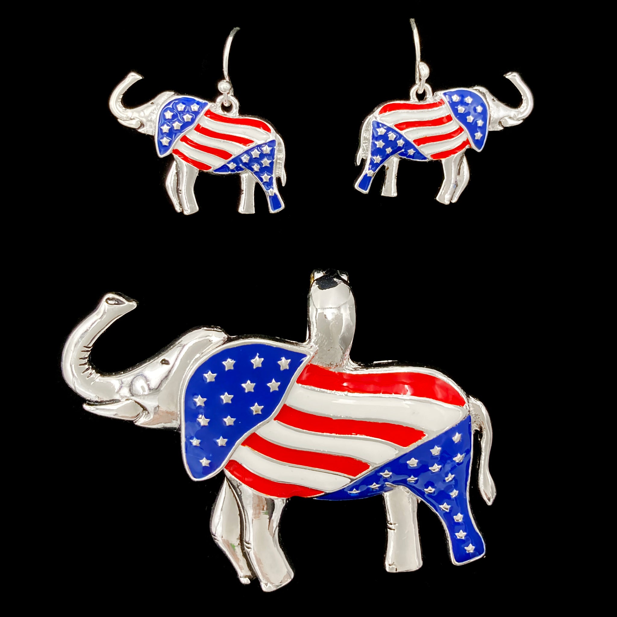 Elephant US American Flag Pendant Earrings Set