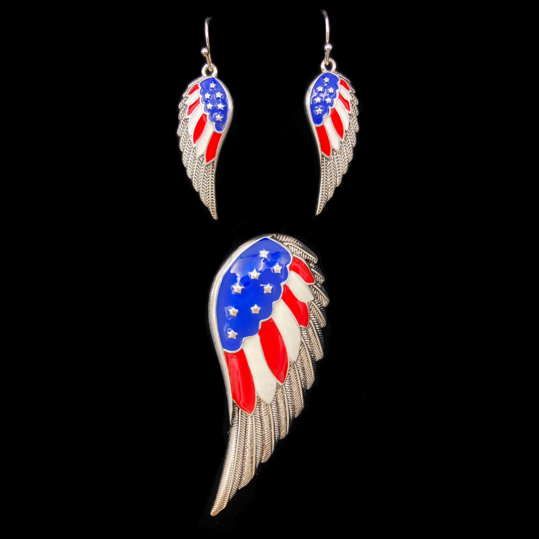 Eagle Wings US American Flag Pendant Earrings Set