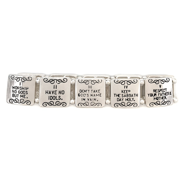 Ten Commandments Inscription Silver Stretch Bracelet