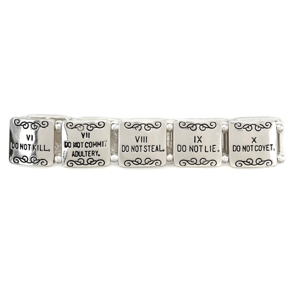 Ten Commandments Inscription Silver Stretch Bracelet