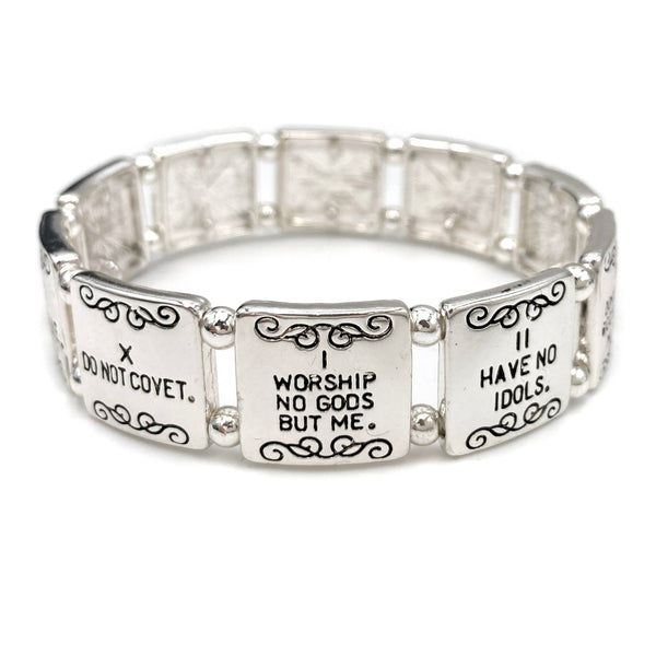 Ten Commandments Inscription Silver Stretch Bracelet