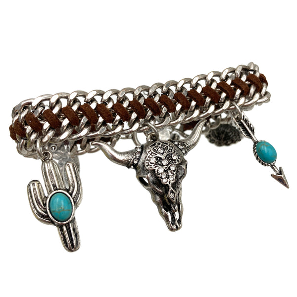 Western Longhorn Arrow Concho Cactus Charms Toggle Suede Woven Chain Bracelet