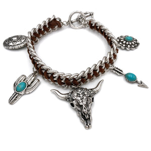 Western Longhorn Arrow Concho Cactus Charms Toggle Suede Woven Chain Bracelet