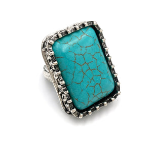 Large Turquoise Rectangle Block Stone Western Stretch Ring