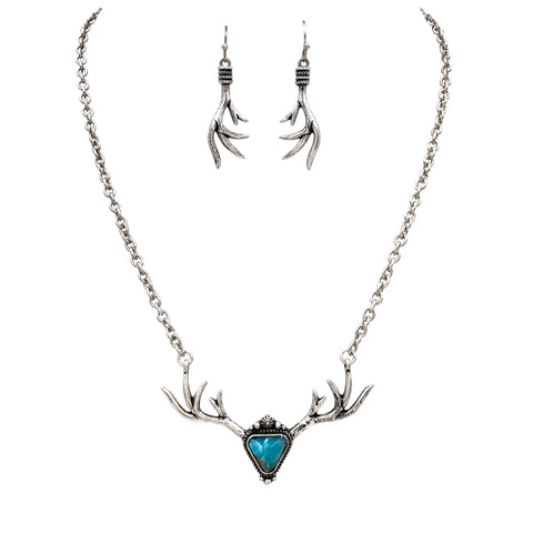 Deer Antler Turquoise Stone Necklace Earrings Set