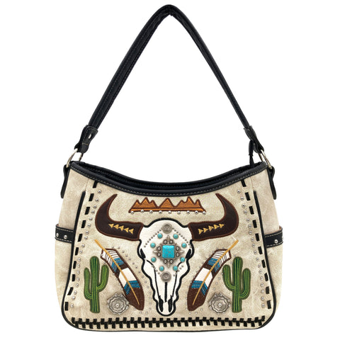 Longhorn Feather Cactus Embroidery Hobo Purse