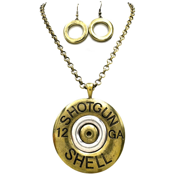 Shotgun Bullet Shell Pendant Necklace Earring Set